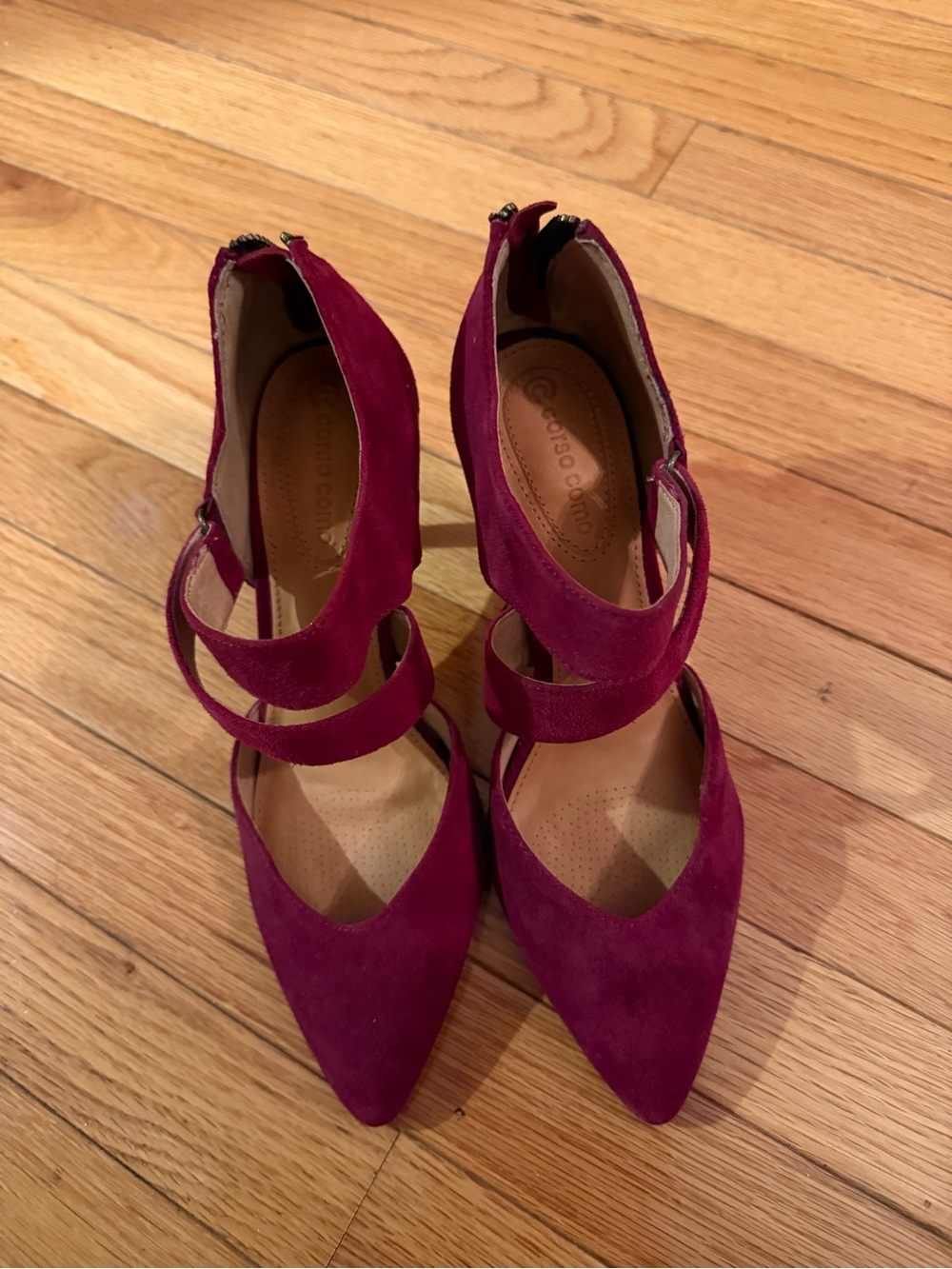 Corso Como Plum Suede Pointed-Toe Double-Strap Heels